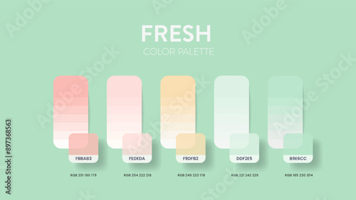 Color palette guide in Fresh colour theme collections. Color inspiration or chart with codes template. Color combination RGB. Colors swatches for graphic design, art, fashion, web or painting. Vector.