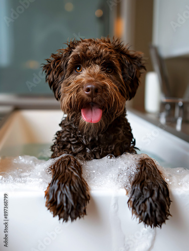 Cute Cockapoo puppy in bathtub, smiling and happy, copy space photo