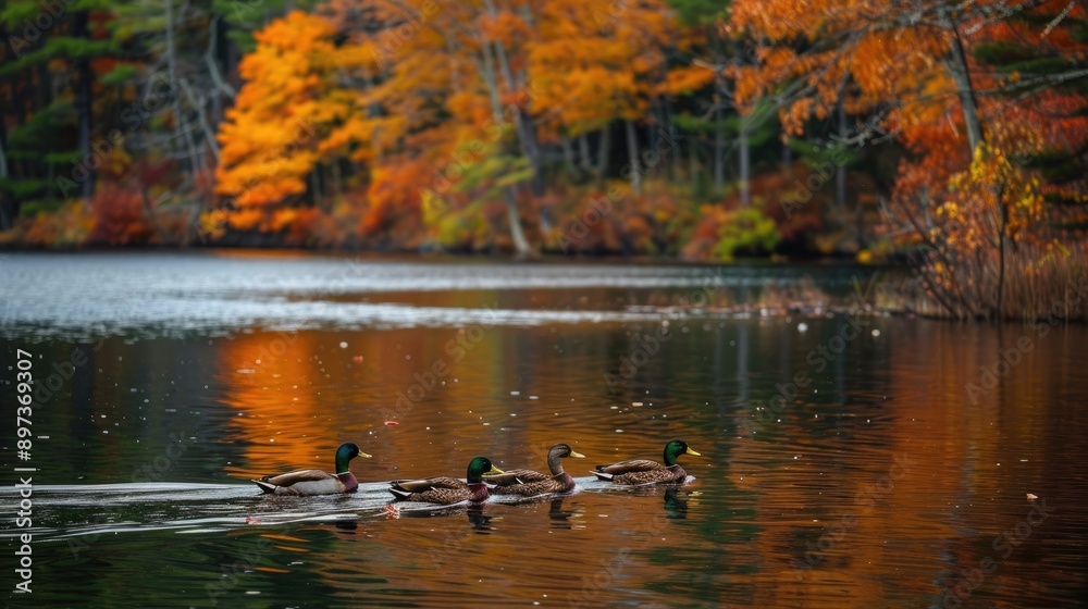 Fototapeta premium Group of ducks swimming in a calm lake surrounded by autumn foliage, capturing the essence of fall in nature