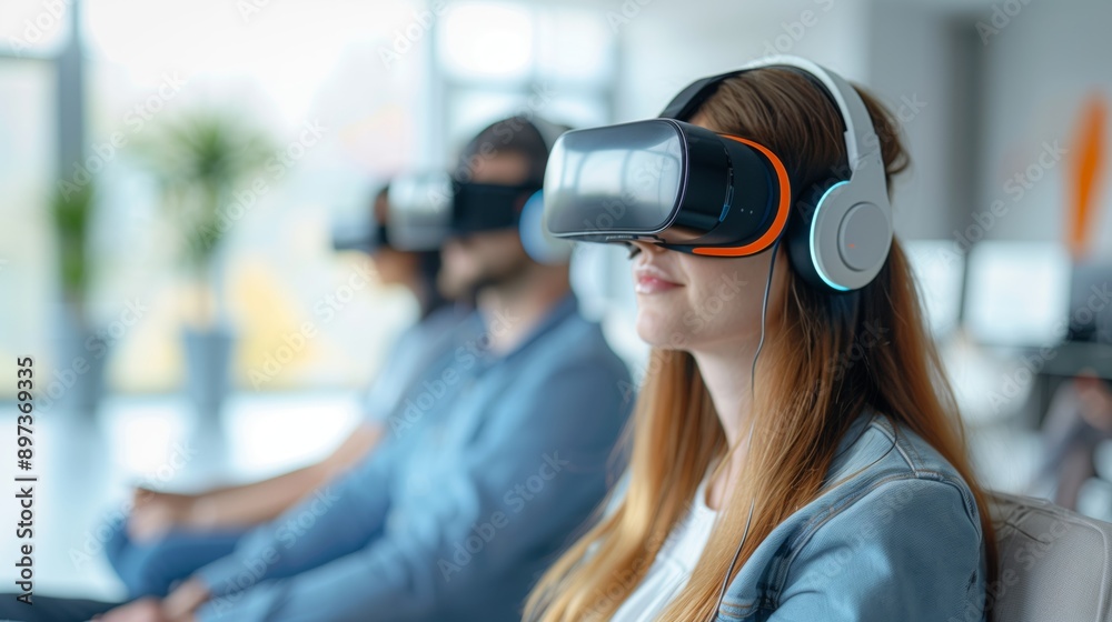 A group of remote workers participates in a VR training program, wearing headsets and experiencing immersive content. A group of remote workers participates in a VR training program, wearing headsets and experiencing immersive content.