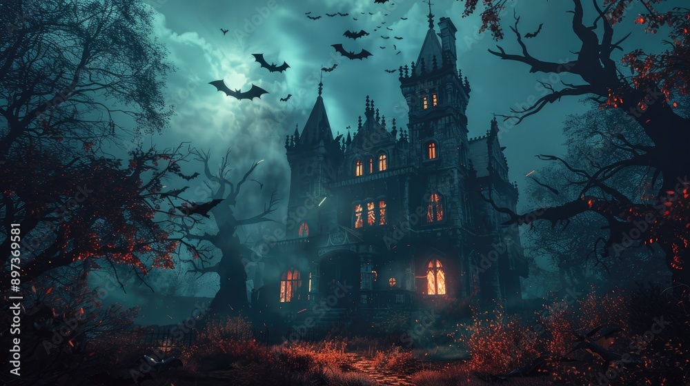 Halloween house with bats circling, dark and spooky ambiance, eerie lighting Halloween house with bats circling, dark and spooky ambiance, eerie lighting