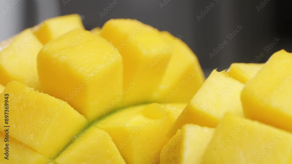Close up rip mango slice cubes cut Close up rip mango slice cubes cut