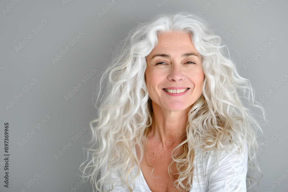 candid portrait of an elderly woman with long, curly white hair smiling at the camera, exuding beauty and confidence against a light grey background candid portrait of an elderly woman with long, curly white hair smiling at the camera, exuding beauty and confidence against a light grey background