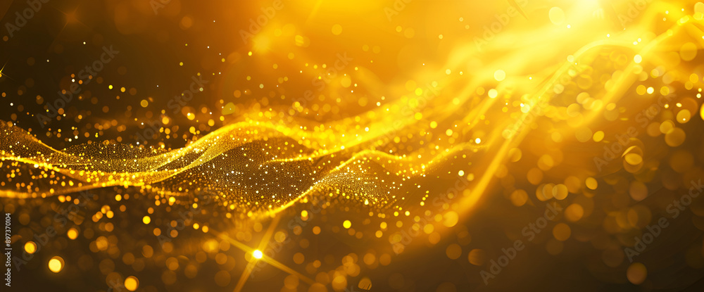 Golden Wave of Light on Black Background ,Digital gold color particles wave and bokeh abstract background
