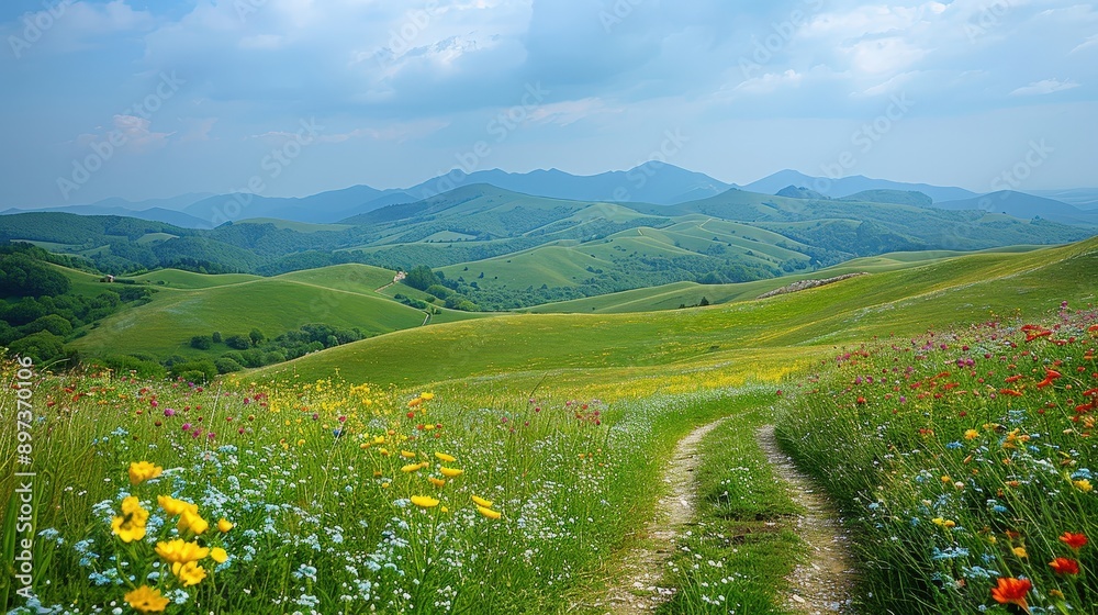 Fototapeta premium Serene Meadows and Rolling Hills Beneath a Cloudy Sky
