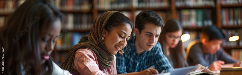 A group of students from different cultures study together in the library. The concept of education and diversity A group of students from different cultures study together in the library. The concept of education and diversity