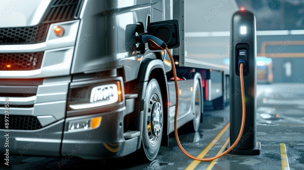 A large truck is plugged into a charging station. The truck is black and silver A large truck is plugged into a charging station. The truck is black and silver
