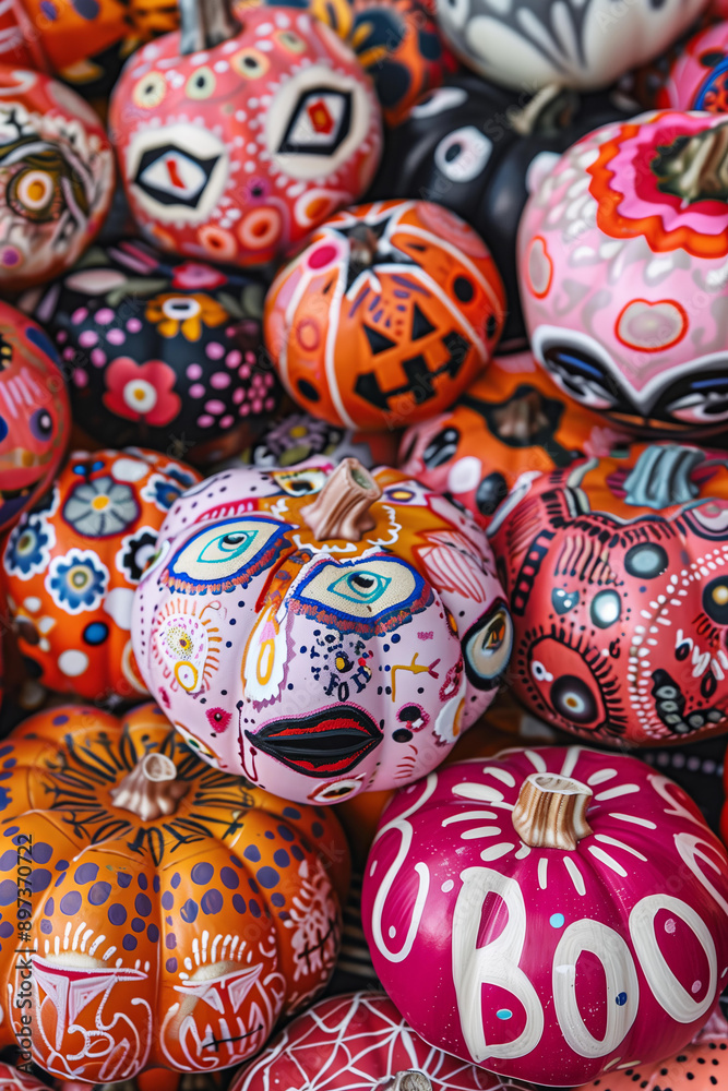 pumpkins decorated with various patterns and designs, including eyes, lips, hearts, stars, flowers on pink background pumpkins decorated with various patterns and designs, including eyes, lips, hearts, stars, flowers on pink background
