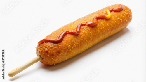 A Deep-Fried Corn Dog on a Stick with Ketchup and Mustard photo