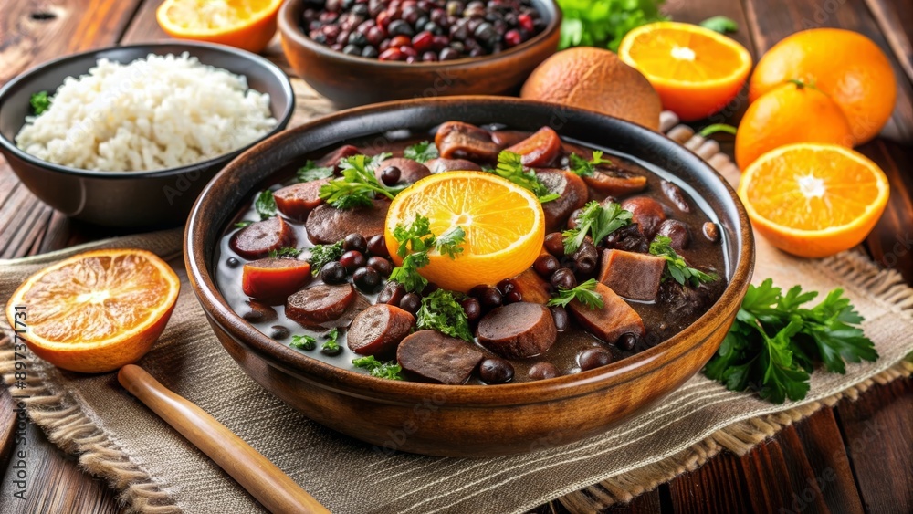 Feijoada en un bol de barro con rodajas de naranja, acompañada de arroz y frijoles, en una mesa de madera. Feijoada en un bol de barro con rodajas de naranja, acompañada de arroz y frijoles, en una mesa de madera.