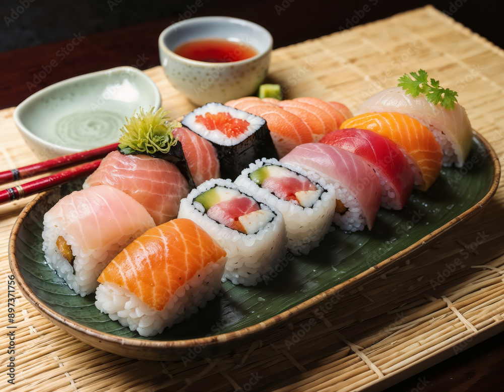 Fresh sushi rolls are served on a plate on the table Fresh sushi rolls are served on a plate on the table
