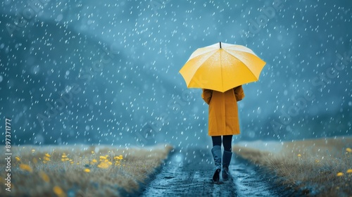 A woman is walking down a road in the rain with an umbrella. Concept of solitude and introspection, as the woman is alone in the rain and the empty road