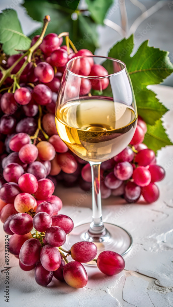 A glass of white wine next to a bunch of red grapes on a table A glass of white wine next to a bunch of red grapes on a table