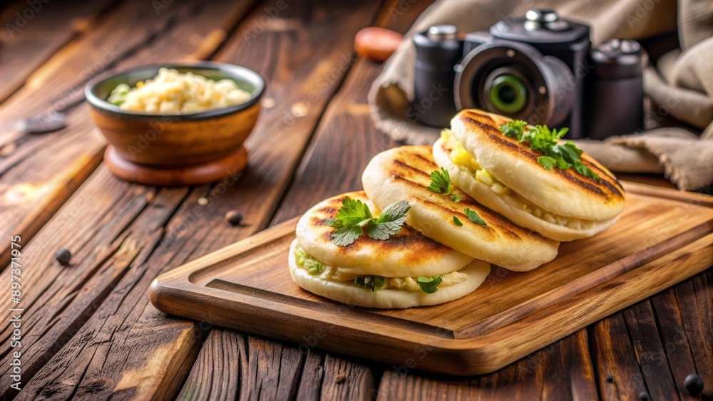 Arepas rellenas servidas en una tabla de madera con una cámara de fotos al fondo. Arepas rellenas servidas en una tabla de madera con una cámara de fotos al fondo.