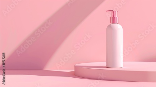 pink pastel background, white lotion bottle on a platform, professional photo, flat lighting 