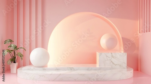 pink pastel background, white marble showcase platform, professional photo, flat lighting © Cloudspit