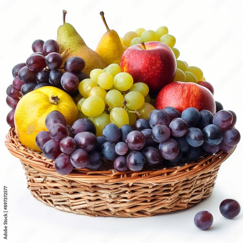 Abundant Harvest of Fresh Fruits - Grapes, Apples, Pears in a Basket on White Background with Copy Space for Text Abundant Harvest of Fresh Fruits - Grapes, Apples, Pears in a Basket on White Background with Copy Space for Text