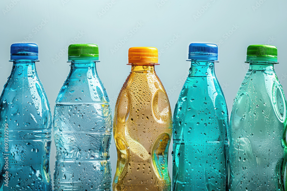 A row of colorful plastic water bottles with condensation, showcasing hydration, freshness, and variety against a light background. A row of colorful plastic water bottles with condensation, showcasing hydration, freshness, and variety against a light background.