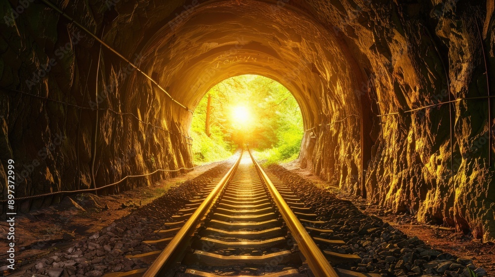 Naklejka premium A tunnel with a train track inside and a sun shining through the tunnel