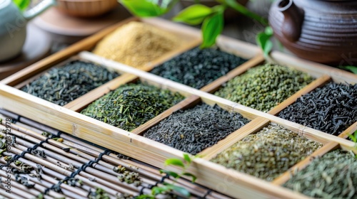 Diverse types of dehydrated green tea Leaves and ground form