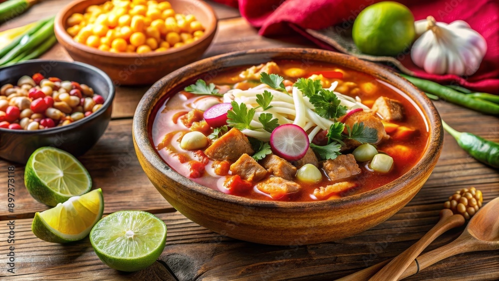 Pozole con carne, rábanos, maíz y cilantro, acompañado de limones y guarniciones en un tazón de barro. Pozole con carne, rábanos, maíz y cilantro, acompañado de limones y guarniciones en un tazón de barro.