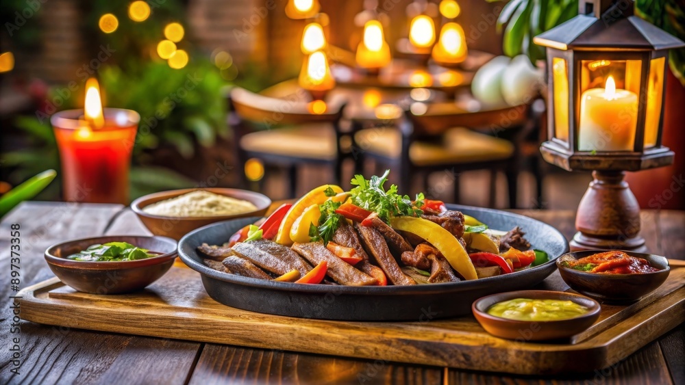 Fajitas de carne y verduras servidas en un plato de hierro fundido con salsas y guarniciones, al aire libre. Fajitas de carne y verduras servidas en un plato de hierro fundido con salsas y guarniciones, al aire libre.
