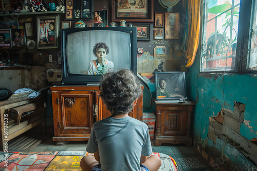 Young mexican boy watching television in modest home