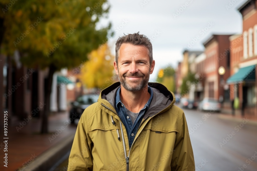 Portrait of a happy man in his 40s wearing a lightweight packable anorak in front of charming small town main street Portrait of a happy man in his 40s wearing a lightweight packable anorak in front of charming small town main street
