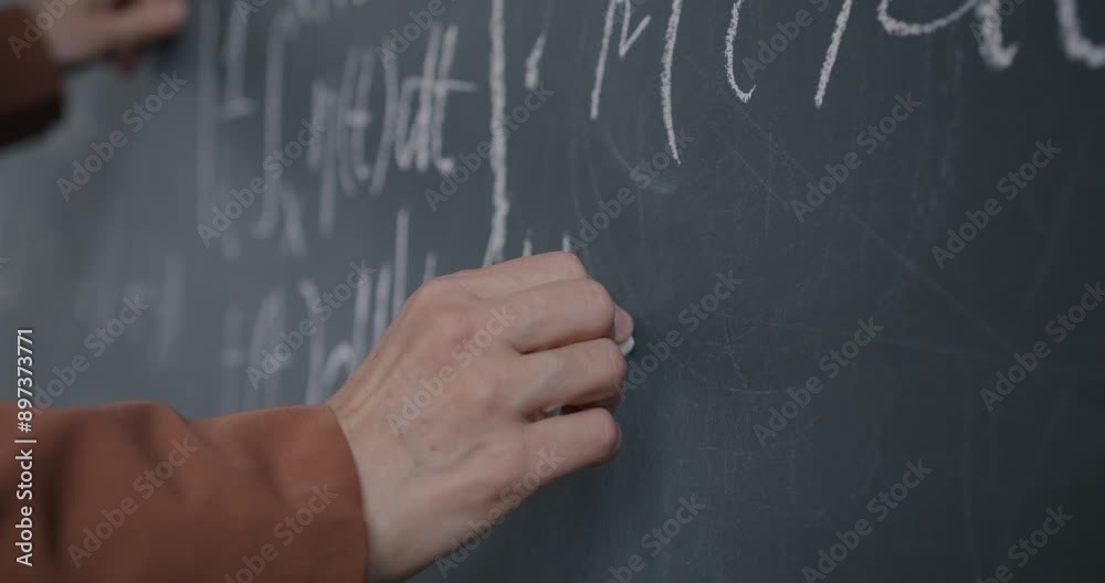 Close-up of female hand writing formula with chalk teaching mathematics working with blackboard in classroom. Education and knowledge concept. Close-up of female hand writing formula with chalk teaching mathematics working with blackboard in classroom. Education and knowledge concept.
