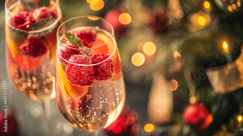 Sparkling mocktails with fresh fruit garnishes in elegant glasses photo