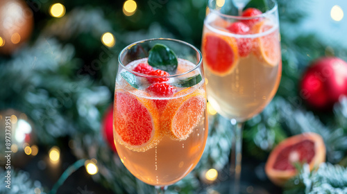 Sparkling mocktails with fresh fruit garnishes in elegant glasses photo