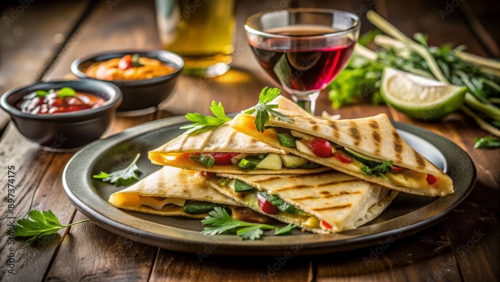 Quesadillas de verduras y queso con salsa y una copa de vino tinto en una mesa de madera. Quesadillas de verduras y queso con salsa y una copa de vino tinto en una mesa de madera.
