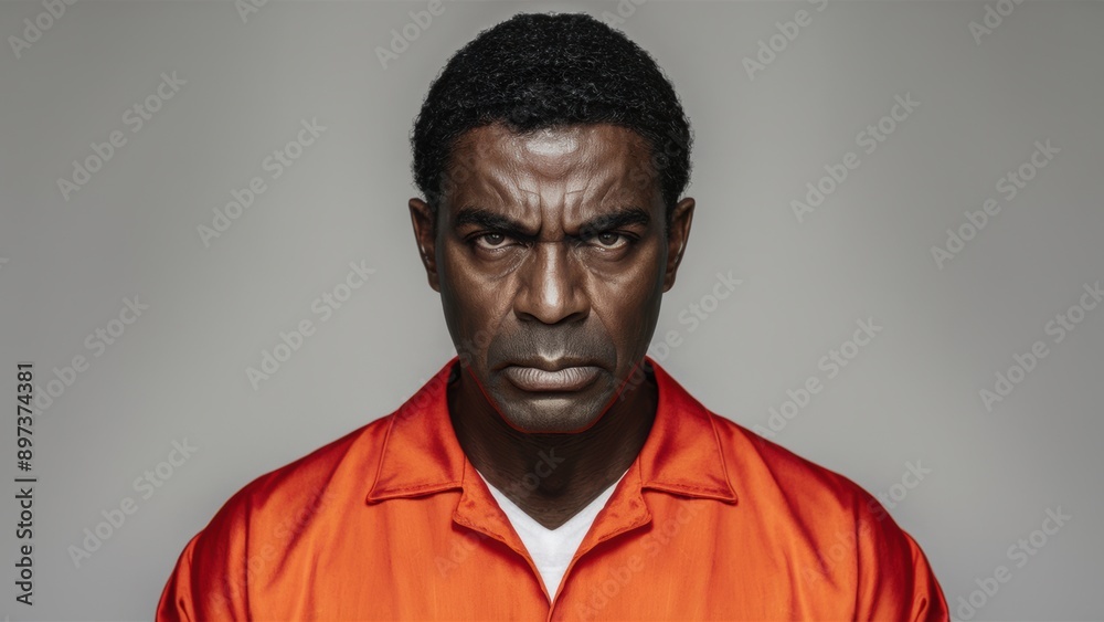 Obraz premium A man in orange prison uniform with a black and white background, AI