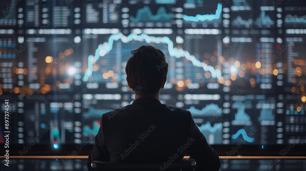 trader analyzing multiple financial charts and graphs on large screens in a dimly lit room focused on market trends and data trader analyzing multiple financial charts and graphs on large screens in a dimly lit room focused on market trends and data