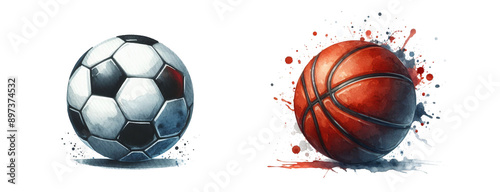 Set Soccer ball and Basketball watercolor vector illustration, effect background Beautiful watercolor spreads, on a transparent background, clipart, isolated.