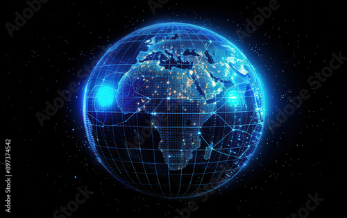 Digital Earth globe with glowing blue continents, network connections, and abstract technology design on a dark background.