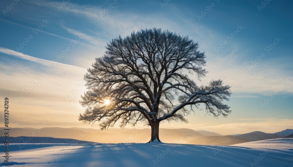 Winter, Snowy sunset with large deciduous tree Winter, Snowy sunset with large deciduous tree