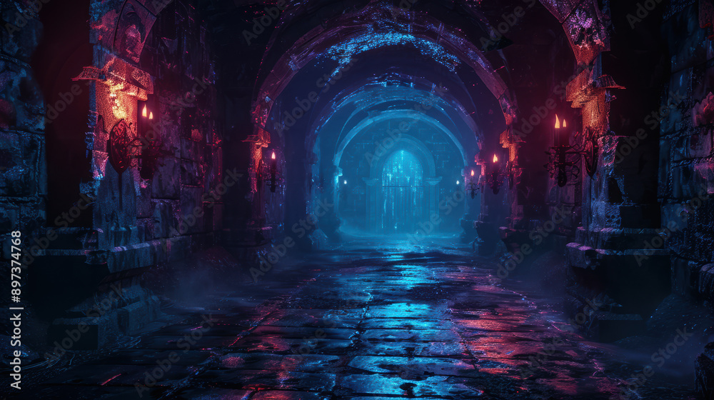 Obraz premium A dark, eerie dungeon illuminated by mysterious blue and red lights, with arched stone tunnels leading into the unknown. Perfect for fantasy and horror themes.