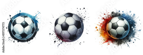 Set Soccer ball watercolor vector illustration, effect background Beautiful watercolor spreads, on a transparent background, clipart, isolated.
