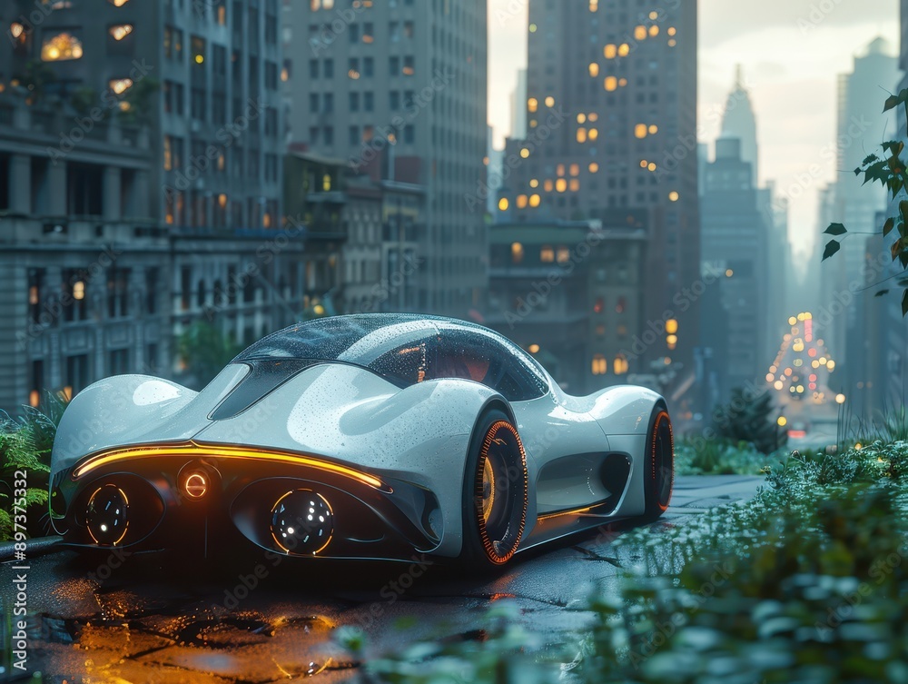Obraz premium Futuristic Electric Vehicle with Smart Sensors and Virtual Assistant in Technologically Advanced Cityscape