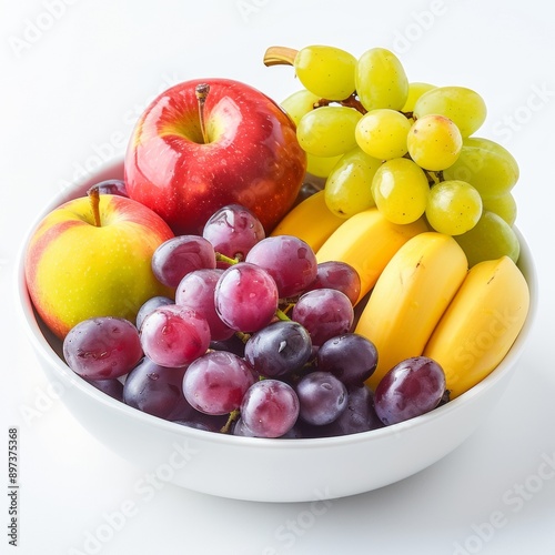 Fresh and Colorful Assorted Fruits in Bowl on White Background with Copy Space.