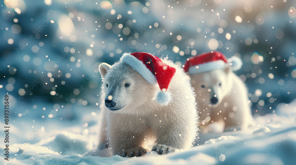 3D polar bears with Santa hats playing in the snow, Christmas 3D background, cute and festive 