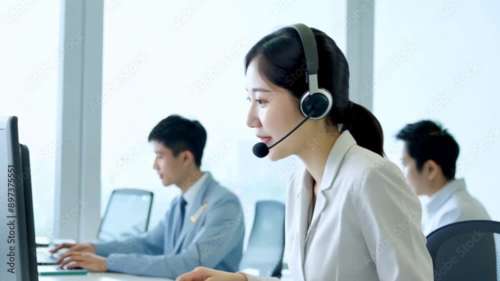 Happy female customer service call center worker is consulting with a customer who calls in for information over the phone in the office. Businessman wearing headphones to talk to customers. 4k Happy female customer service call center worker is consulting with a customer who calls in for information over the phone in the office. Businessman wearing headphones to talk to customers. 4k