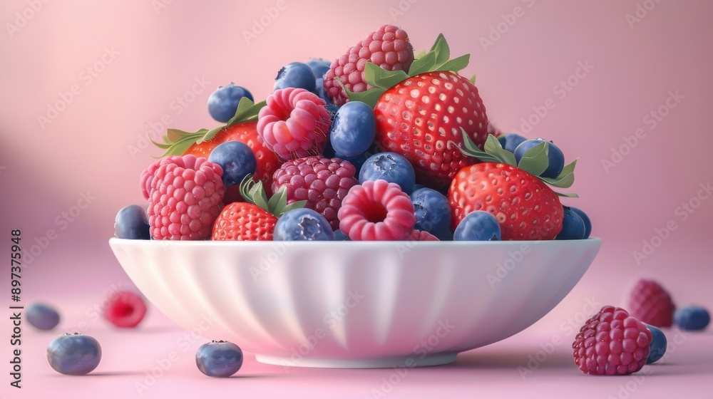 A white bowl filled with fresh mixed berries, including strawberries, raspberries, and blueberries, set against a pink background, showcasing a colorful and healthy fruit assortment. A white bowl filled with fresh mixed berries, including strawberries, raspberries, and blueberries, set against a pink background, showcasing a colorful and healthy fruit assortment.