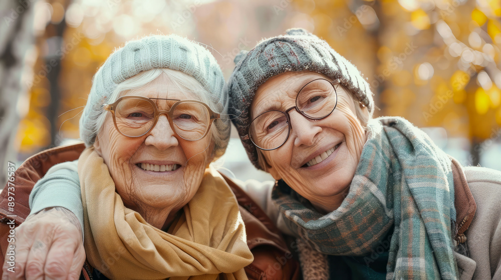 Senior twin sisters smiling in the park