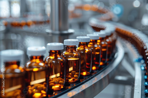 Wallpaper Mural Pharmaceutical manufacturing line with amber glass bottles on conveyor belt. Automated production line in modern medicine factory. Torontodigital.ca