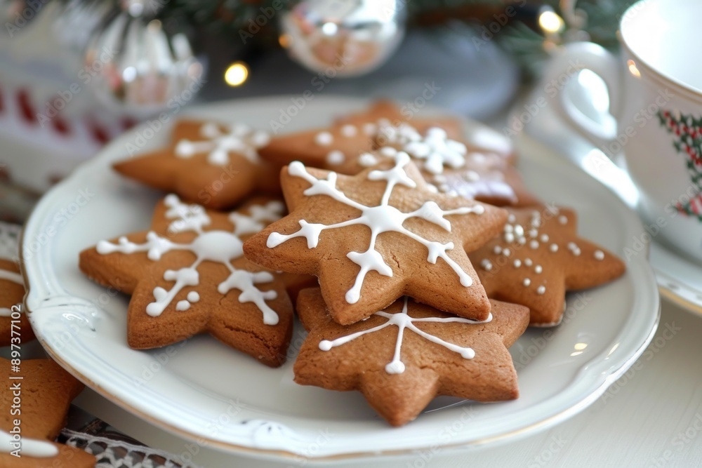 Delicious star shaped christmas cookies decorated with white icing resting on a plate Delicious star shaped christmas cookies decorated with white icing resting on a plate