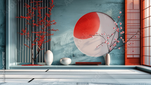 Fototapeta Naklejka Na Ścianę i Meble -  Modern Japanese wall art with 3D geometric shapes and minimalist design
