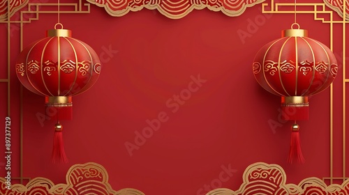 Two red Chinese lanterns with gold patterns and red tassels hanging at the top left and right corners of the image, decorative gold border with wave patterns at the top center, plain red background,