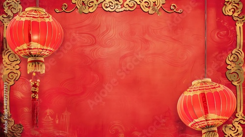 Two red Chinese lanterns with gold designs and tassels at the top left and right corners, gold border with decorative wave patterns at the top center, plain red background, and gold cloud designs photo